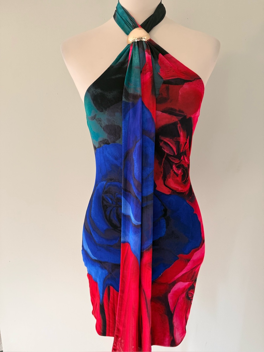AFRM Floral Mesh Halter Mini Dress Size Small Blue Pink Rose